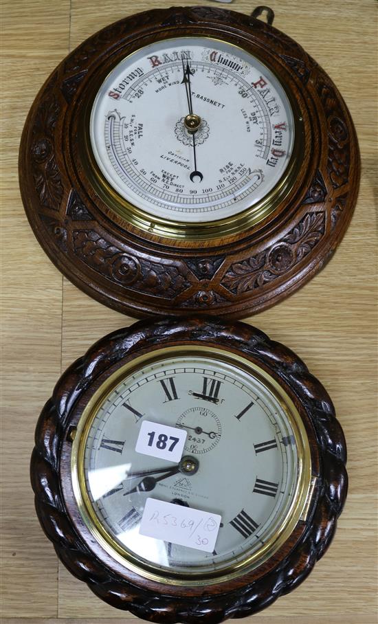 A clock barometer by Dent and a barometer